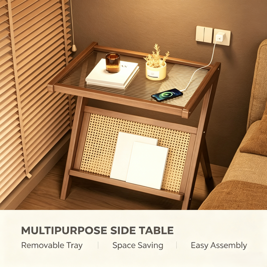 Wooden Rattan Side Table with Removable Glass Tray Top