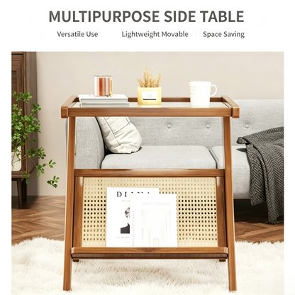 Wooden Rattan Side Table with Removable Glass Tray Top