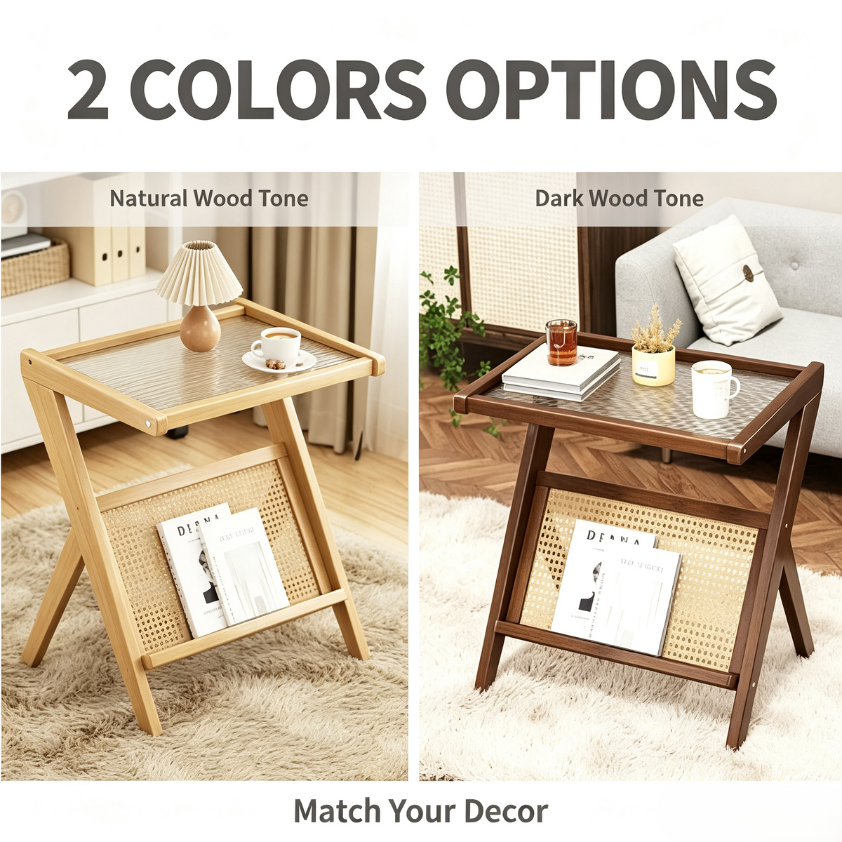 Wooden Rattan Side Table with Removable Glass Tray Top