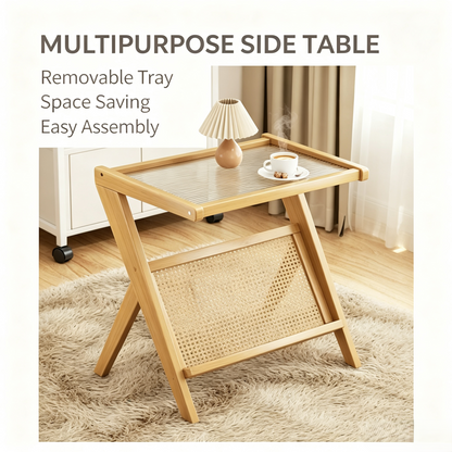 Wooden Rattan Side Table with Removable Glass Tray Top