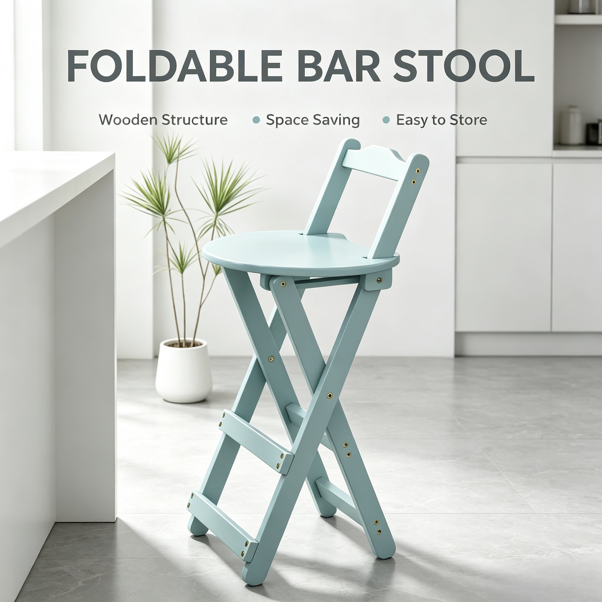Foldable Wooden Bar Stool with Backrest, Counter Height Folding Chair