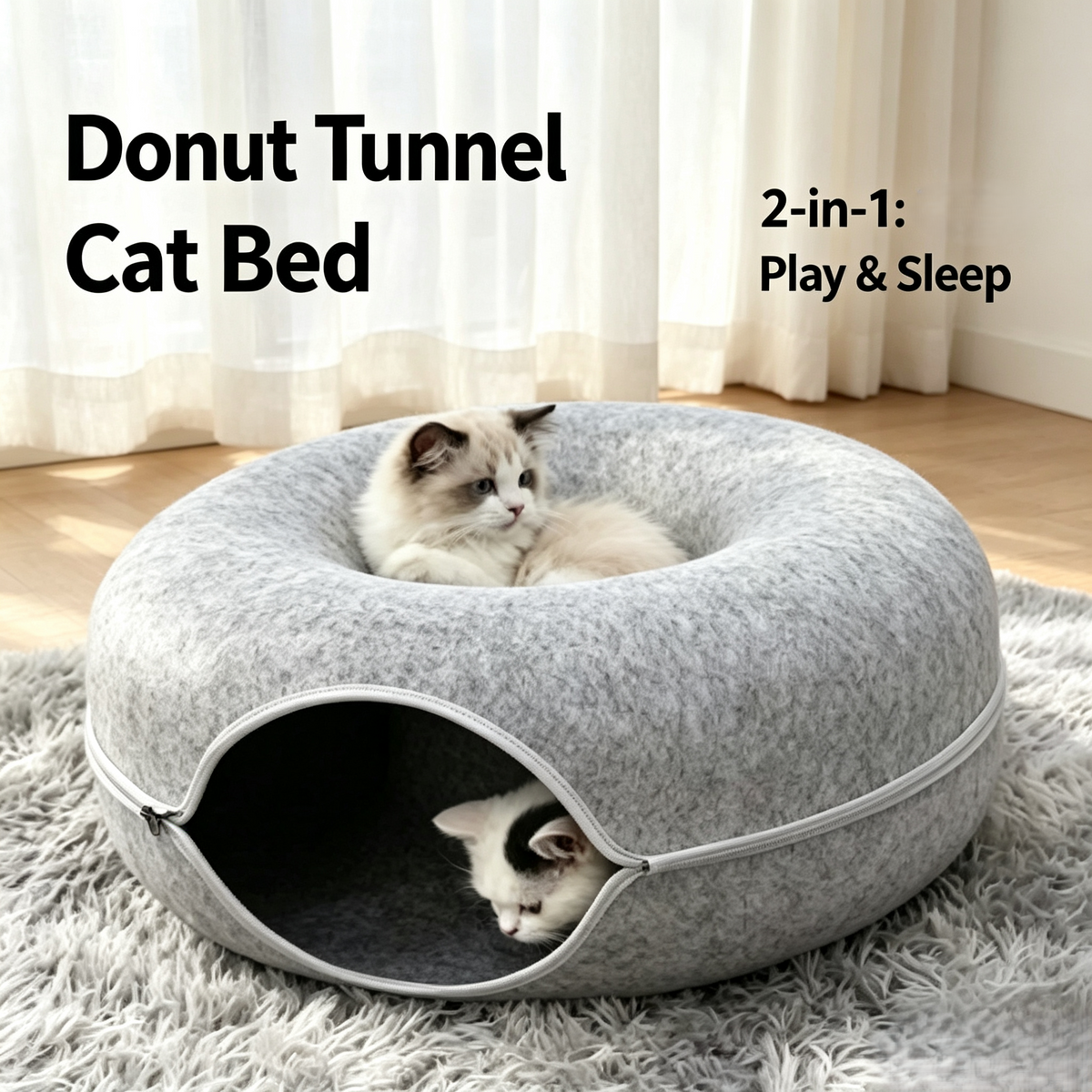 Donut Tunnel Cat Bed 2‑in‑1 Play &amp; Sleep Cat Cave